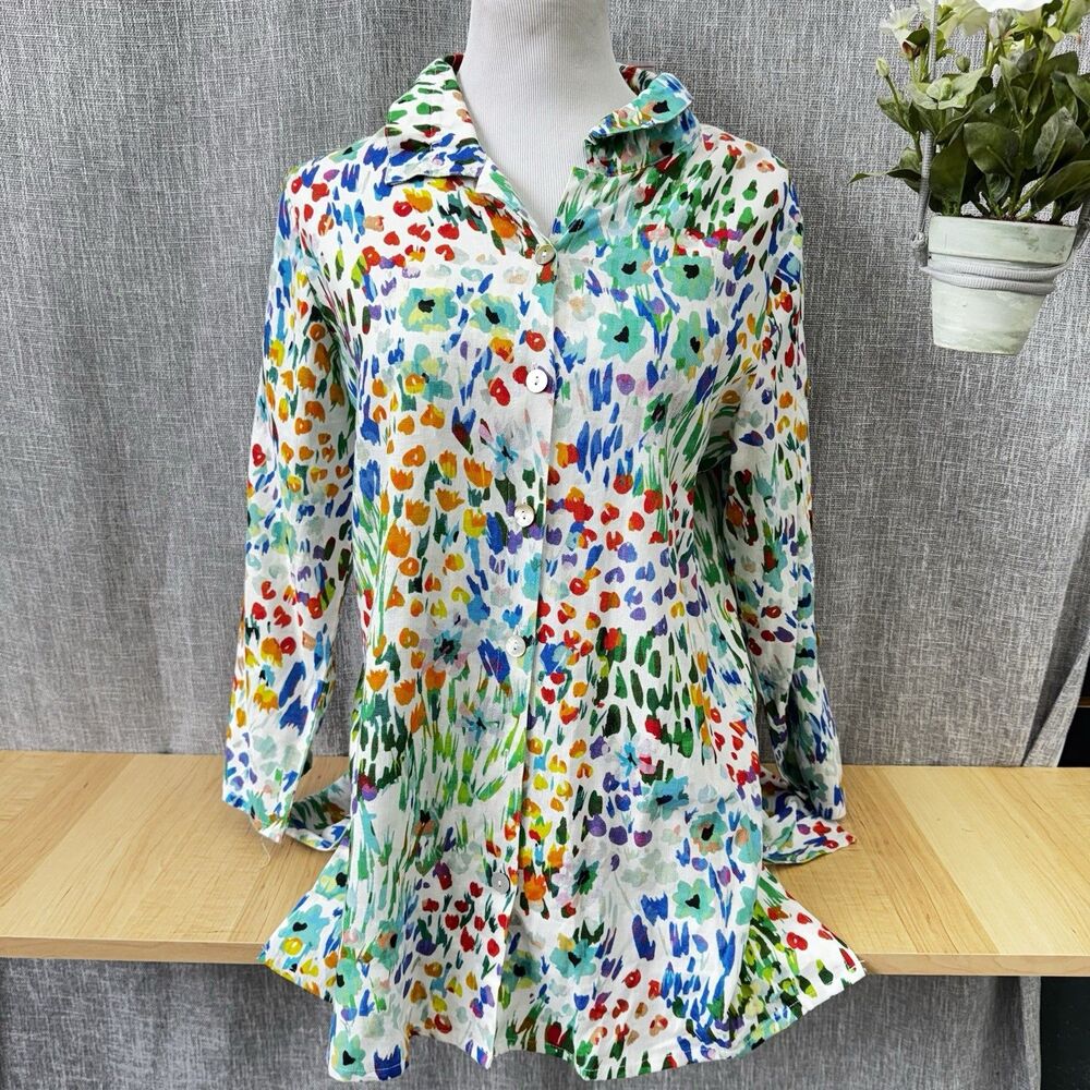 NWT Toofan Linen Floral Top L Lagenlook Button Split Sleeve Artsy Boho $132 MSRP